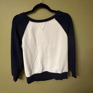 Halogen‎ Navy White Textured Mixed Media Raglan Sweatshirt Womens S Petite